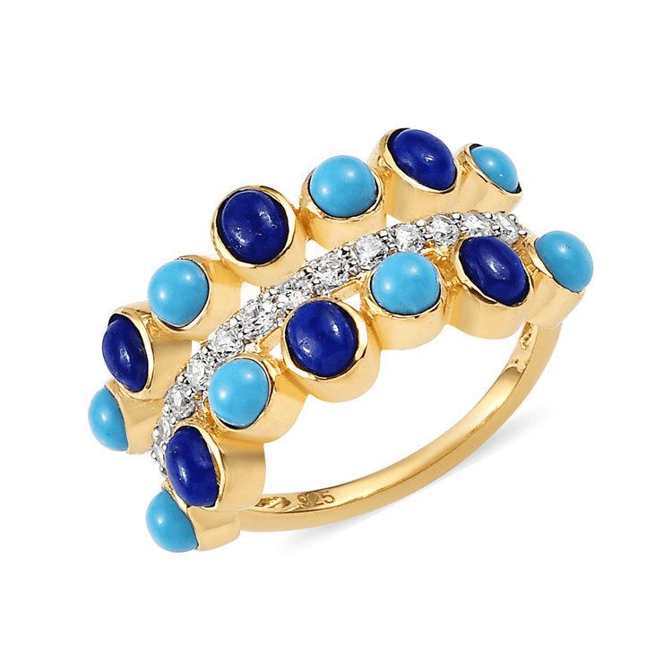 Bague en Argent 925 doré Or jaune 18k assemblée de Lapis - lazuli, de Turquoise et d'Oxyde de zirconium - Maison Di Giorgio