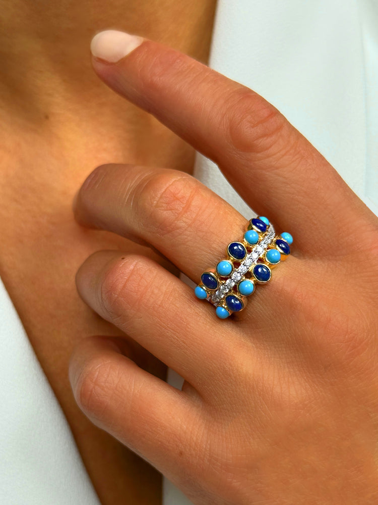 Bague en Argent 925 doré Or jaune 18k assemblée de Lapis - lazuli, de Turquoise et d'Oxyde de zirconium - Maison Di Giorgio