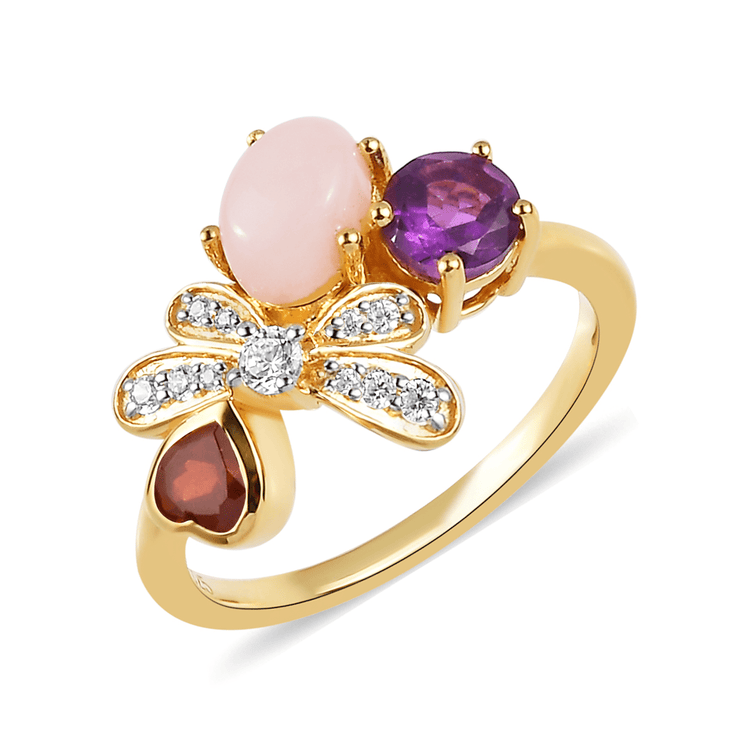 Bague en Argent 925 doré Or jaune 18k assemblée d'Opale rose, d'Améthyste Africaine, de Grenat rouge et d'Oxyde de zirconium - Maison Di Giorgio