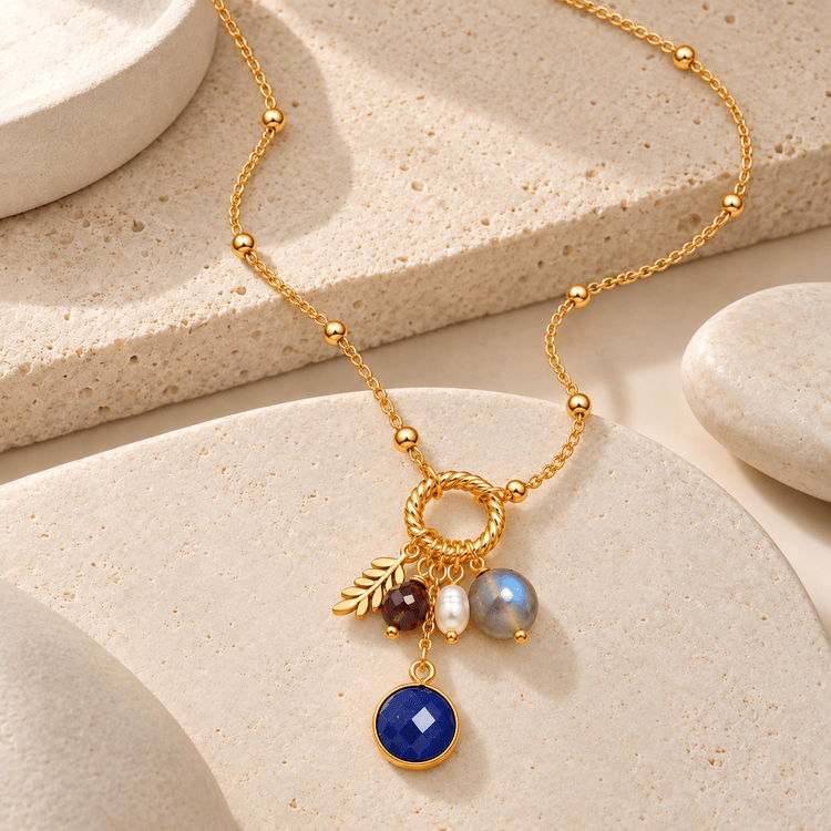 Collier - Doré Or jaune 18k, Lapis lazuli, Pyrite, Labradorite, Perle d'eau douce - Maison Di Giorgio