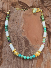 Bracelet perles doré en Or jaune 18k assemblé de Zoisite, Pierre de lune et Turquoise - Maison Di Giorgio