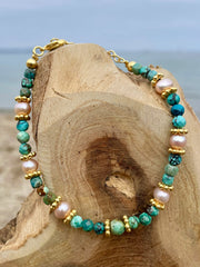 Bracelet perles doré Or jaune 18k assemblé de Turquoise et Perle d'eau douce - Maison Di Giorgio