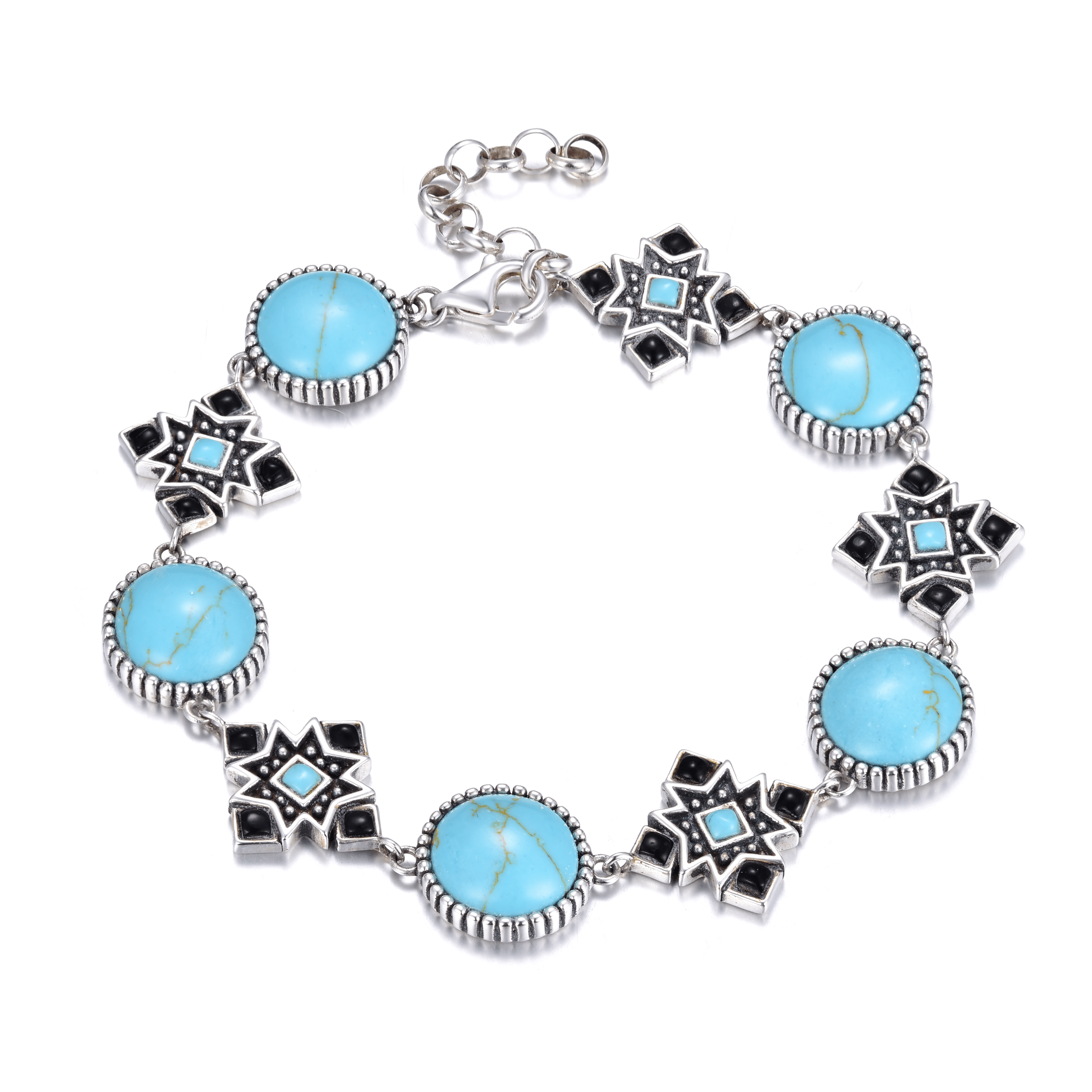 Bracelet en Argent 925 oxydé assemblé de Turquoise et d'Onyx noir - Maison Di Giorgio