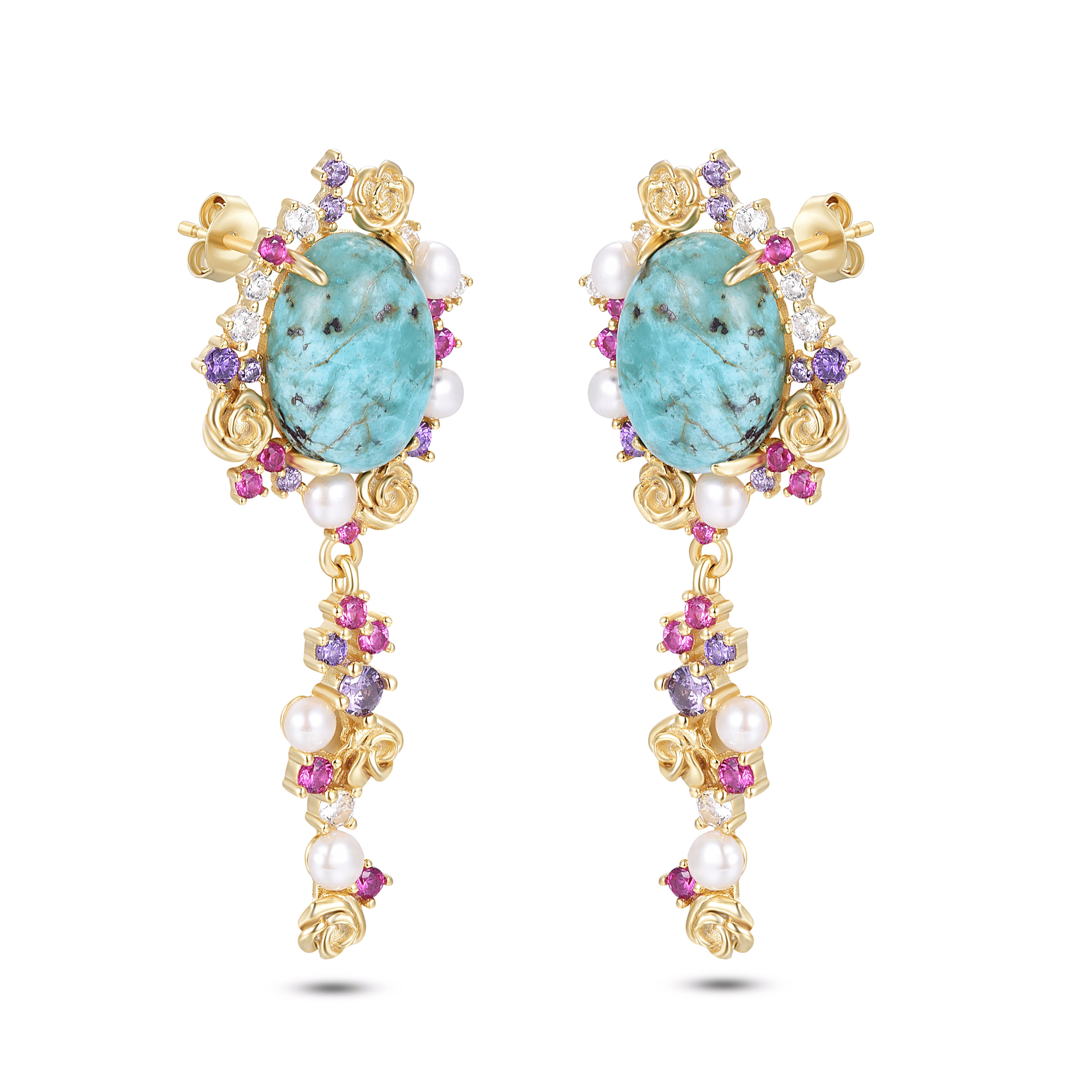 Boucles d'oreilles en Argent 925 doré Or jaune 18k assemblées de Turquoise, Perle d'eau douce et d'Oxyde de zirconium - Maison Di Giorgio