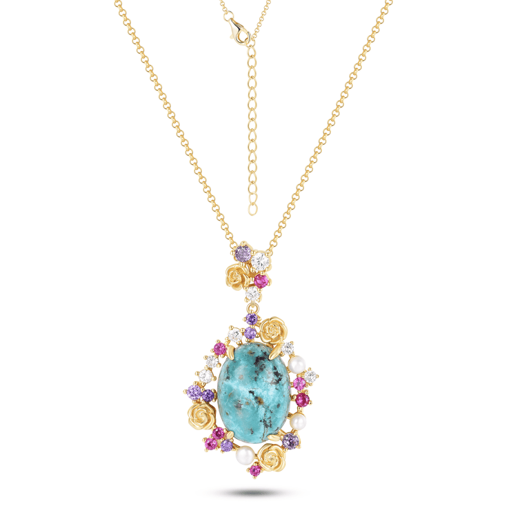 Collier en Argent 925 doré Or jaune 18k assemblé de Turquoise, Perle d'eau douce et Oxyde de zirconium - Maison Di Giorgio