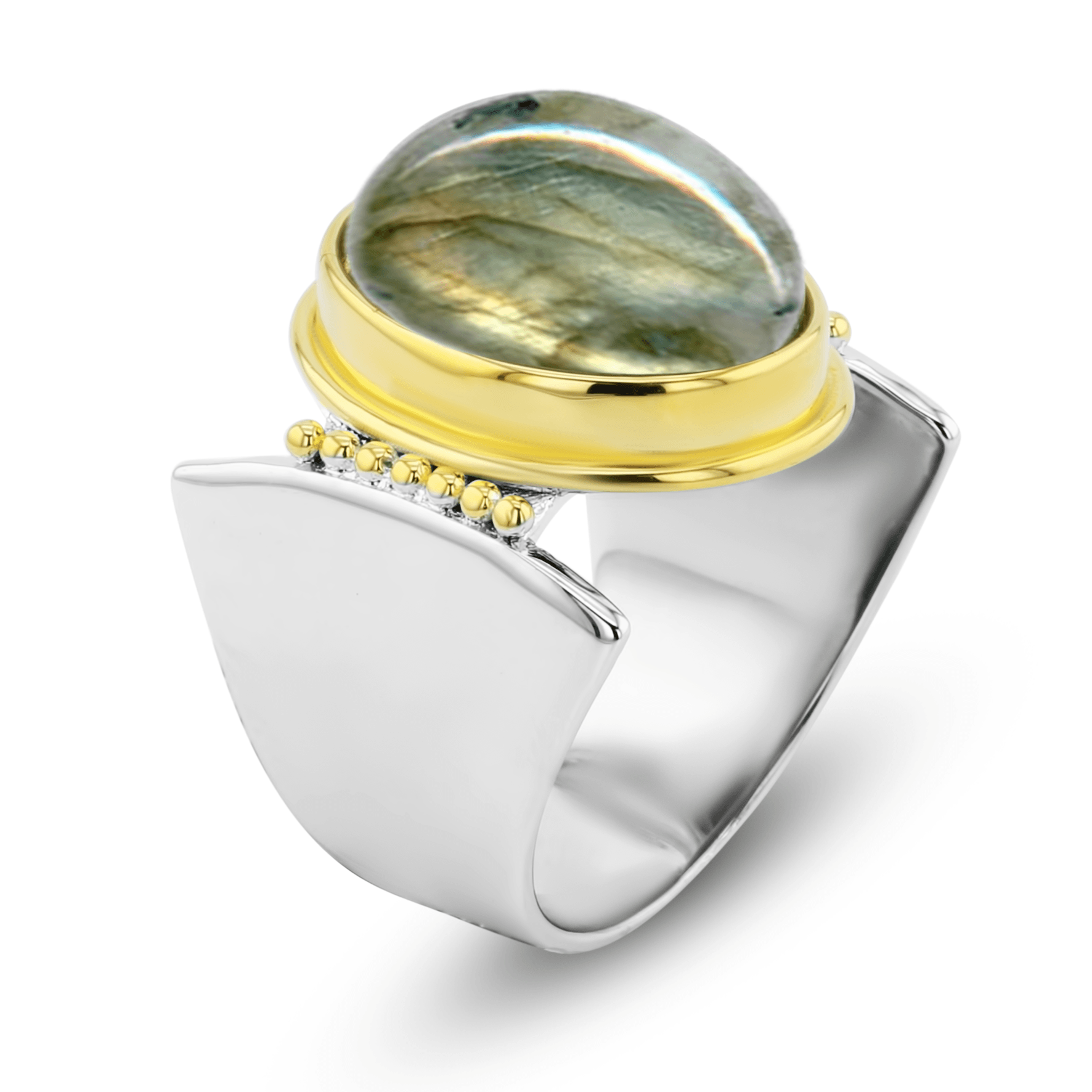 Bague en Argent 925 plaqué Rhodium et Or jaune 18k assemblée de Labradorite - Maison Di Giorgio