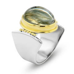 Bague en Argent 925 plaqué Rhodium et Or jaune 18k assemblée de Labradorite - Maison Di Giorgio