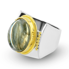 Bague en Argent 925 plaqué Rhodium et Or jaune 18k assemblée de Labradorite - Maison Di Giorgio