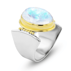 Bague en Argent 925 partiellement doré Or jaune 18k et assemblée de pierre de lune facetée - Maison Di Giorgio