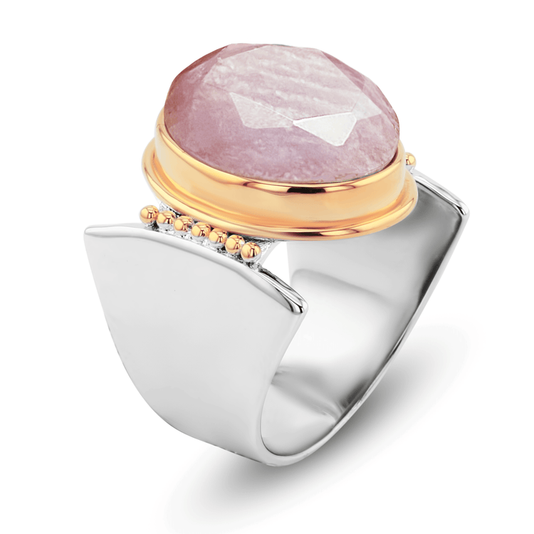 Bague en Argent 925 partiellement doré Or jaune 18k assemblée de Quartz rose faceté - Maison Di Giorgio