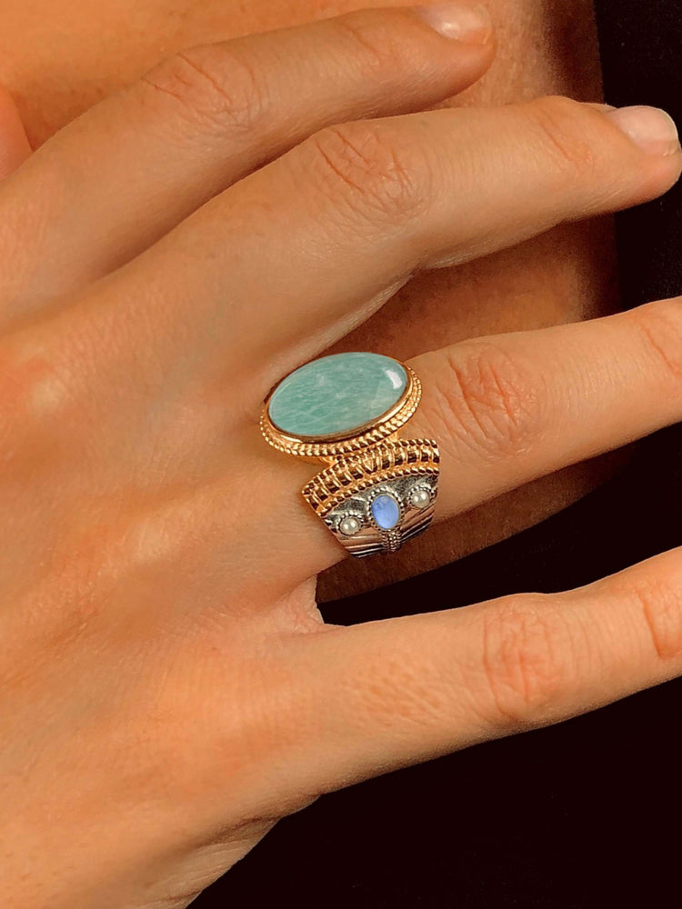 Bague en Argent 925 plaqué Rhodium et Or jaune 18k assemblée d'Amazonite verte, Perle blanche et Oxyde de zirconium tanzanite - Maison Di Giorgio