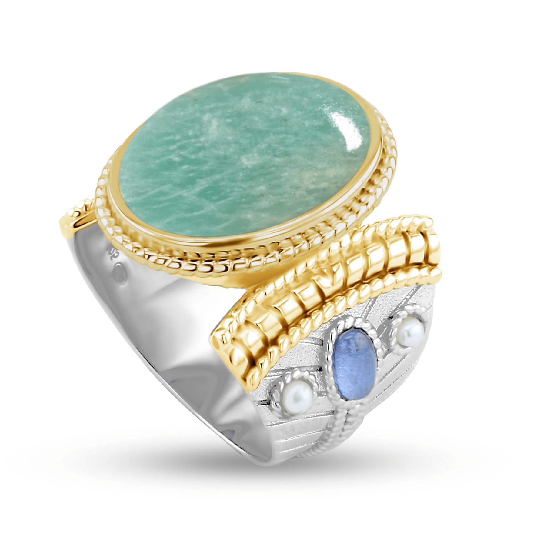 Bague en Argent 925 plaqué Rhodium et Or jaune 18k assemblée d'Amazonite verte, Perle blanche et Oxyde de zirconium tanzanite - Maison Di Giorgio