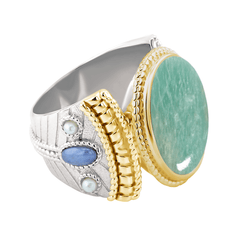 Bague en Argent 925 plaqué Rhodium et Or jaune 18k assemblée d'Amazonite verte, Perle blanche et Oxyde de zirconium tanzanite - Maison Di Giorgio
