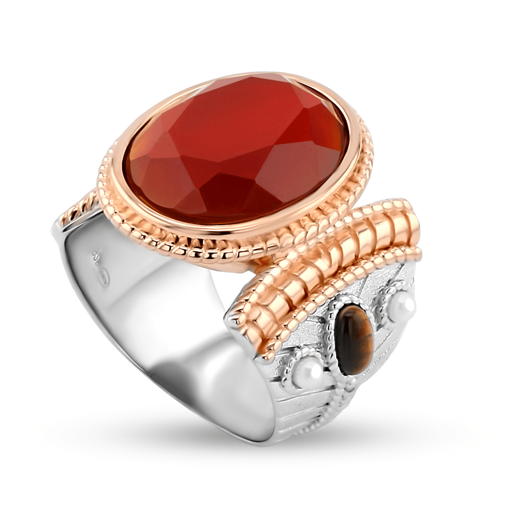 Bague en Argent 925 plaqué Rhodium et Or rose 18k assemblée de Onyx rouge, Oeil de tigre et Perle d'eau douce - Maison Di Giorgio