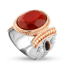 Bague en Argent 925 plaqué Rhodium et Or rose 18k assemblée de Onyx rouge, Oeil de tigre et Perle d'eau douce - Maison Di Giorgio