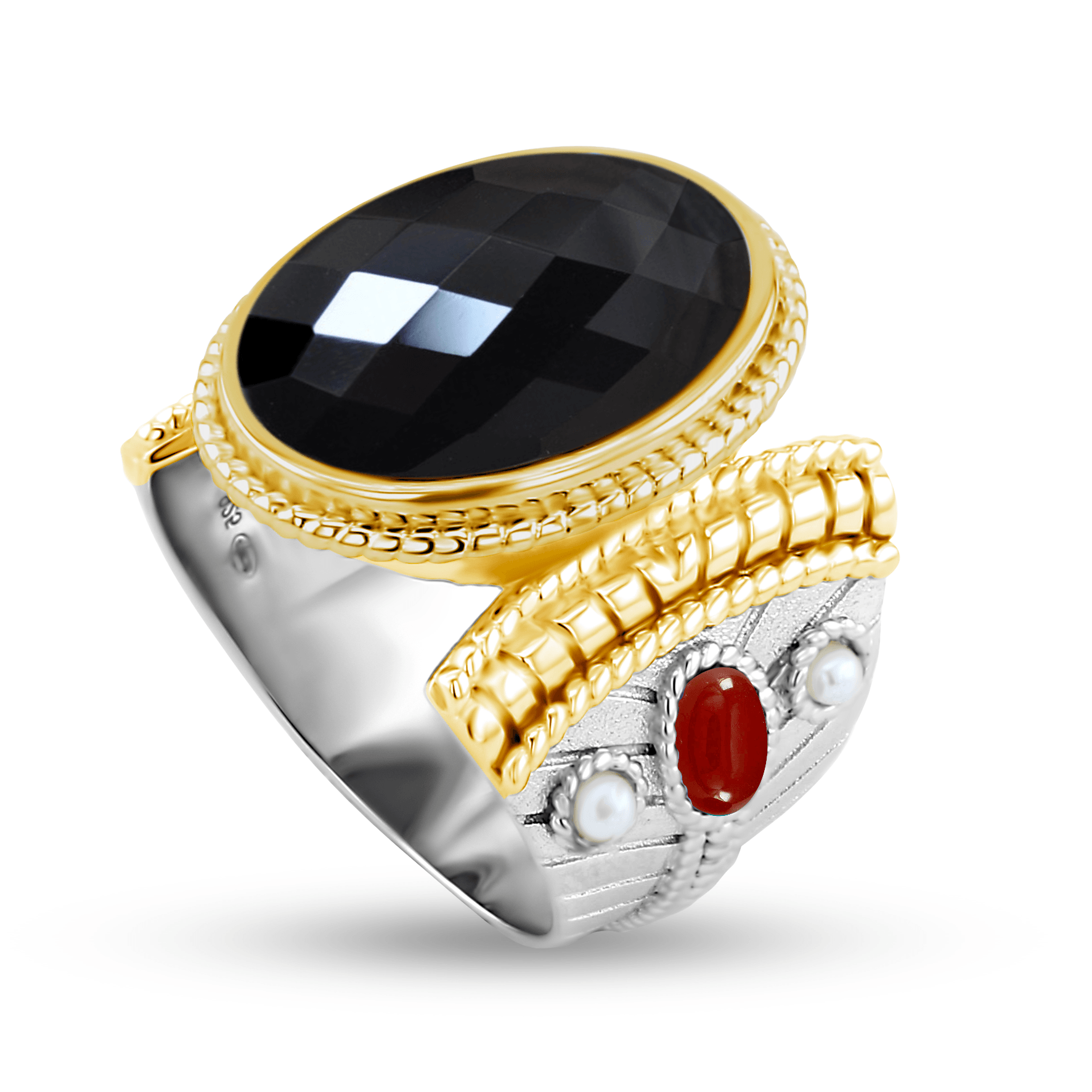 Bague en Argent 925 plaqué Rhodium et Or jaune 18k assemblée de Onyx noir, Perle d'eau douce et Onyx rouge - Maison Di Giorgio