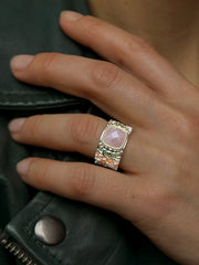 Bague en Argent 925 partiellement doré Or jaune 18k et assemblée de Quartz rose et Oxyde de zirconium émeraude - Maison Di Giorgio