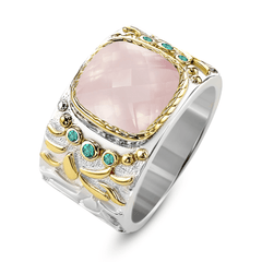 Bague en Argent 925 partiellement doré Or jaune 18k et assemblée de Quartz rose et Oxyde de zirconium émeraude - Maison Di Giorgio