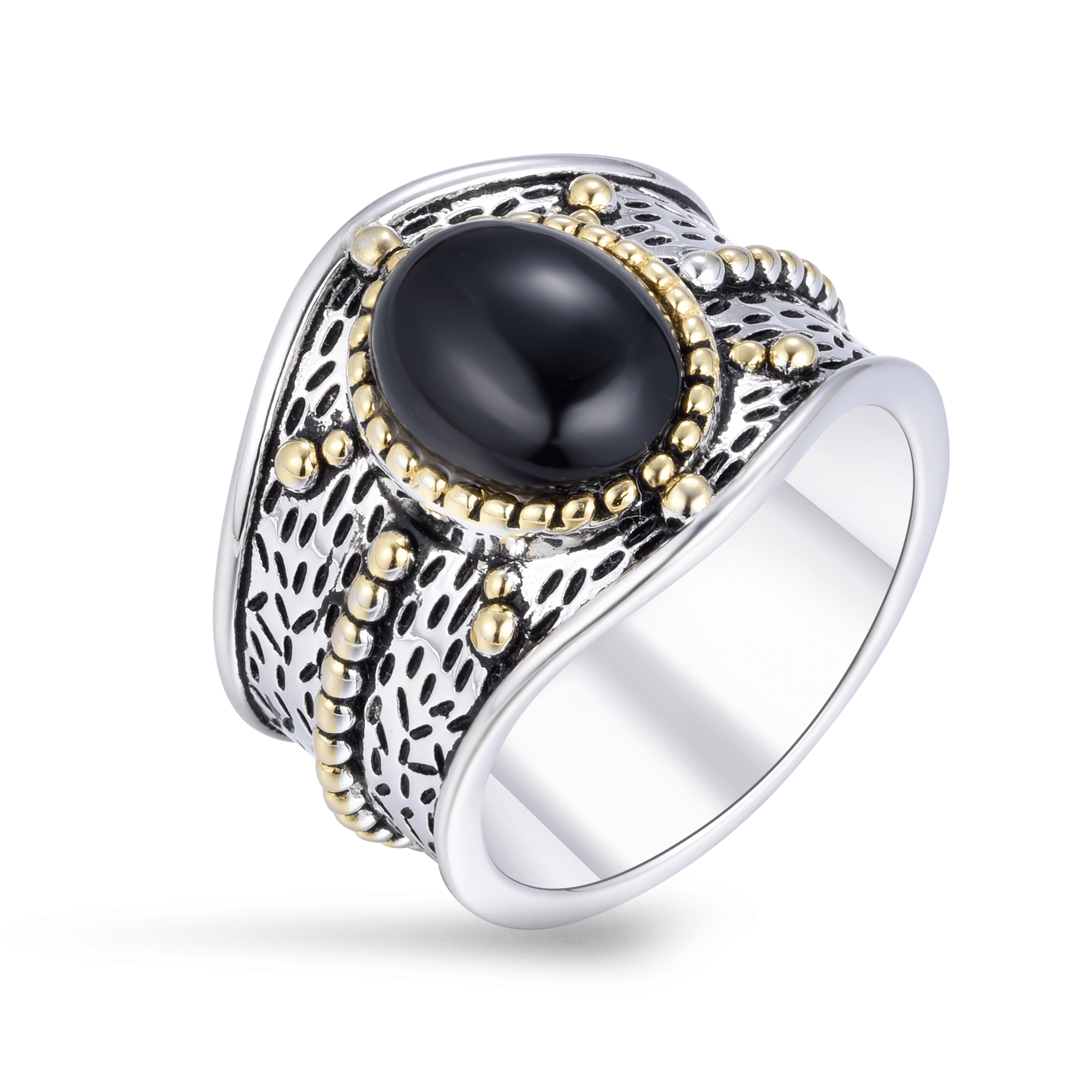 Bague en Argent 925 partiellement doré Or jaune 18k assemblée de Onyx noir - Maison Di Giorgio