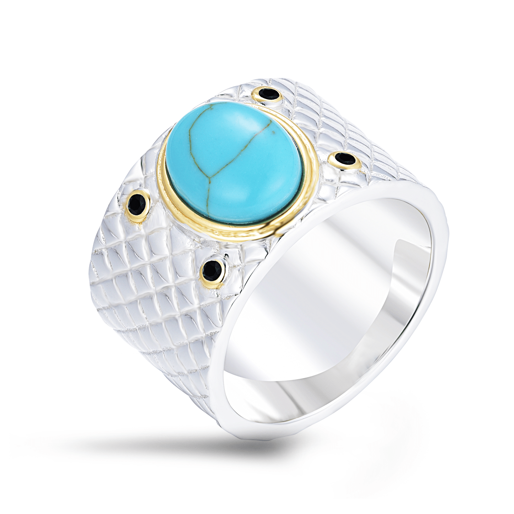 Bague en Argent 925 partiellement doré Or jaune 18k assemblée de Turquoise et Oxyde de zirconium noir - Maison Di Giorgio