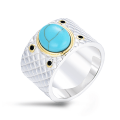 Bague en Argent 925 partiellement doré Or jaune 18k assemblée de Turquoise et Oxyde de zirconium noir - Maison Di Giorgio