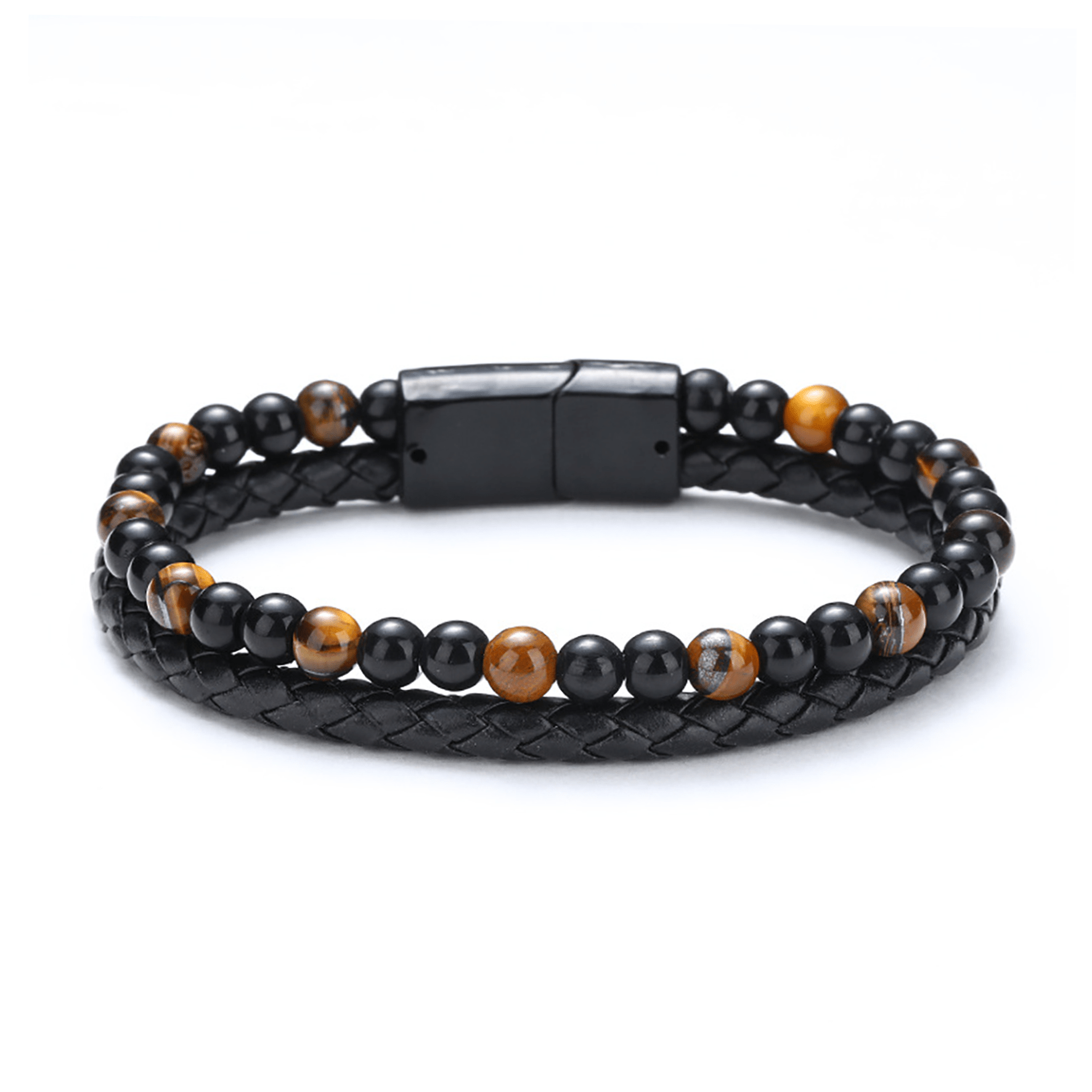 Bracelet cuir et acier inoxydable plaqué rhodium assemblé de pierre de lave et oeil de tigre - Maison Di Giorgio