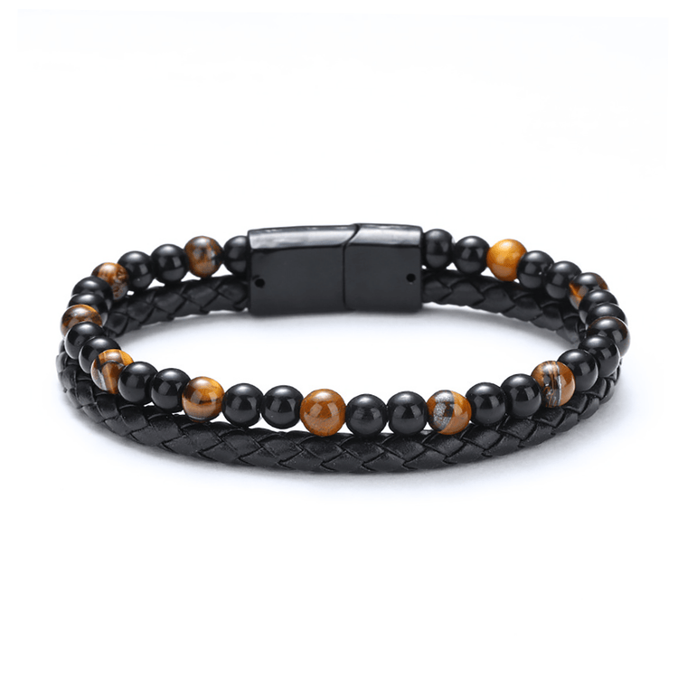 Bracelet cuir et acier inoxydable plaqué rhodium assemblé de pierre de lave et oeil de tigre - Maison Di Giorgio