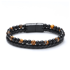 Bracelet cuir et acier inoxydable plaqué rhodium assemblé de pierre de lave et oeil de tigre - Maison Di Giorgio