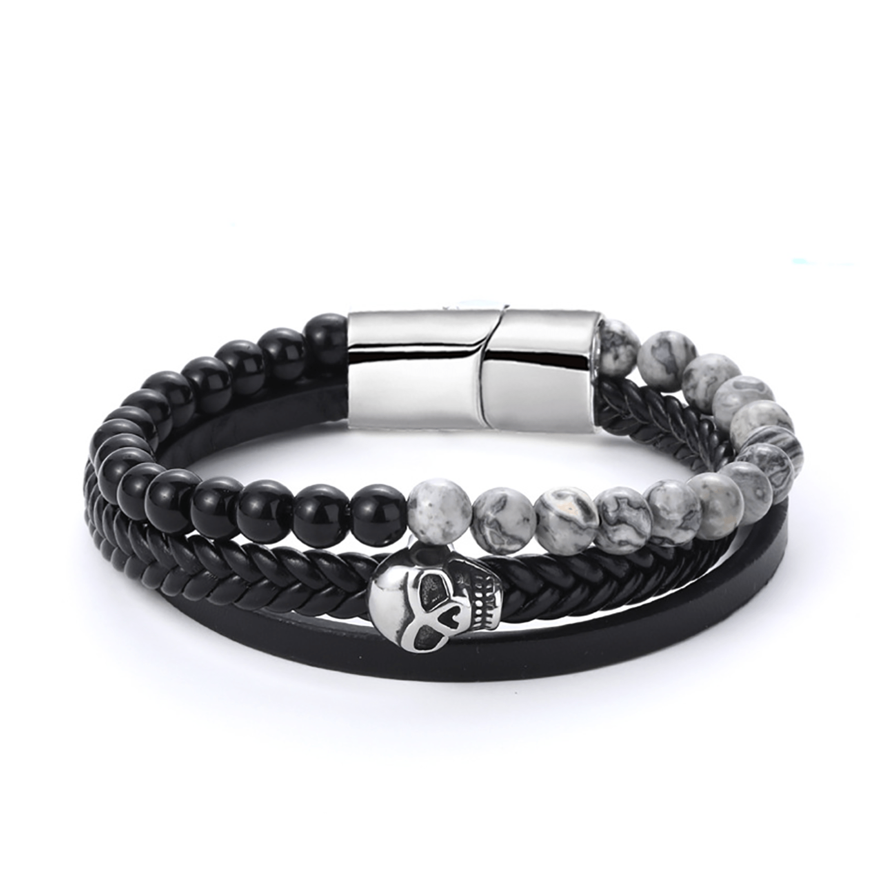 Bracelet cuir véritable et acier inoxydable plaqué Argent assemblé de pierre de lave - Maison Di Giorgio