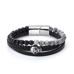 Bracelet cuir véritable et acier inoxydable plaqué Argent assemblé de pierre de lave - Maison Di Giorgio