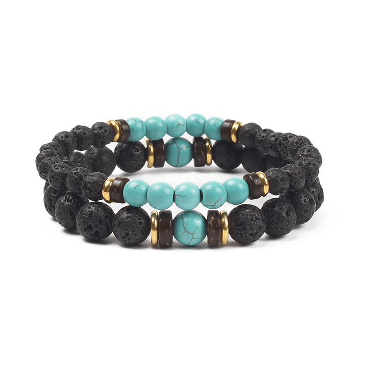 Bracelet perles doré en Or jaune 18k assemblé de Pierre de lave et Turquoise - Maison Di Giorgio