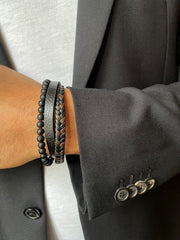 Bracelet cuir véritable et acier inoxydable plaqué rhodium assemblé de pierre de lave - Maison Di Giorgio