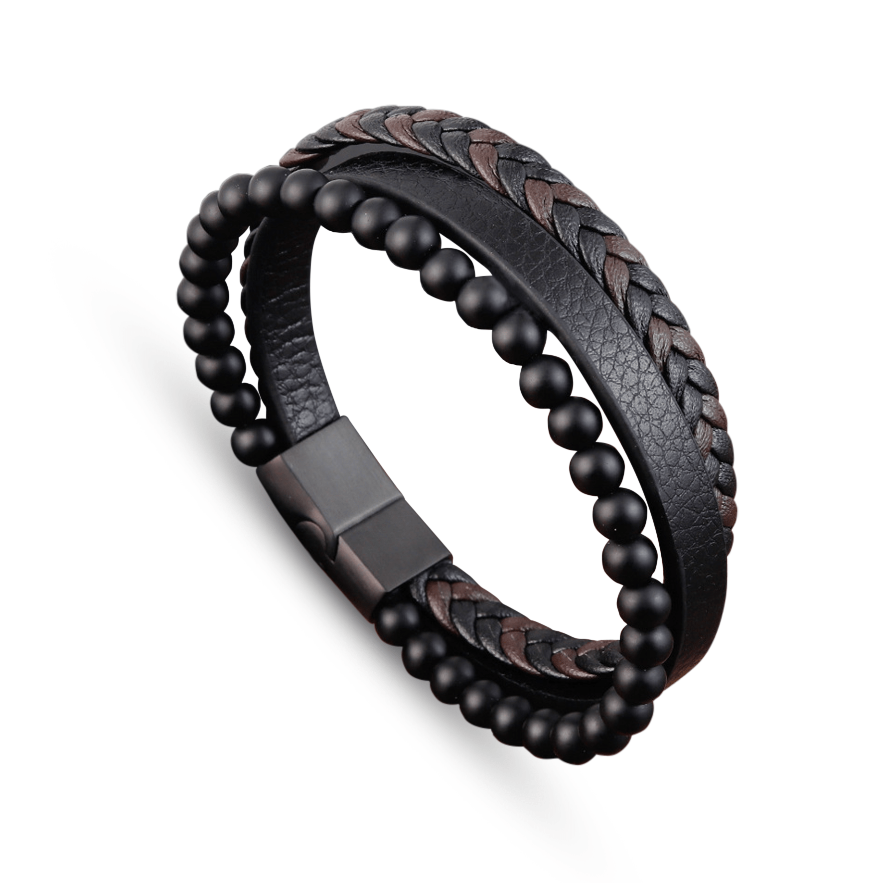 Bracelet cuir véritable et acier inoxydable plaqué rhodium assemblé de pierre de lave - Maison Di Giorgio