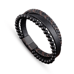 Bracelet cuir véritable et acier inoxydable plaqué rhodium assemblé de pierre de lave - Maison Di Giorgio
