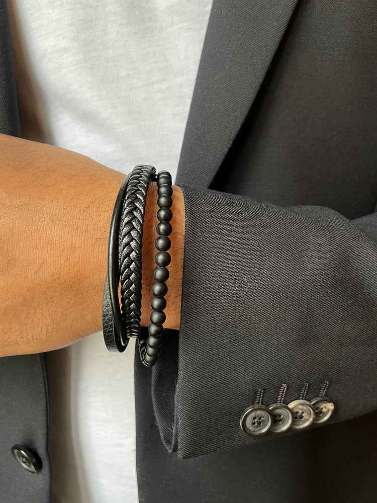 Bracelet cuir véritable et acier inoxydable plaqué rhodium assemblé de pierre de lave - Maison Di Giorgio