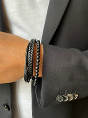 Bracelet cuir véritable et acier inoxydable plaqué rhodium assemblé de pierre de lave - Maison Di Giorgio