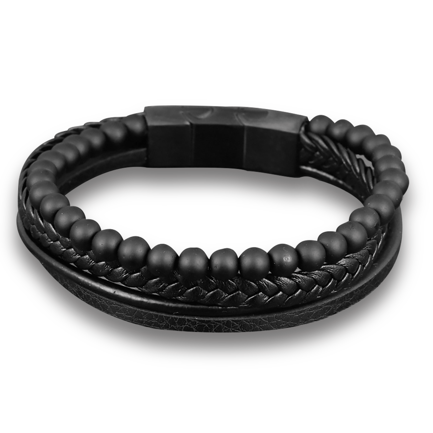 Bracelet cuir véritable et acier inoxydable plaqué rhodium assemblé de pierre de lave - Maison Di Giorgio