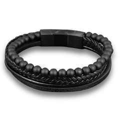 Bracelet cuir véritable et acier inoxydable plaqué rhodium assemblé de pierre de lave - Maison Di Giorgio