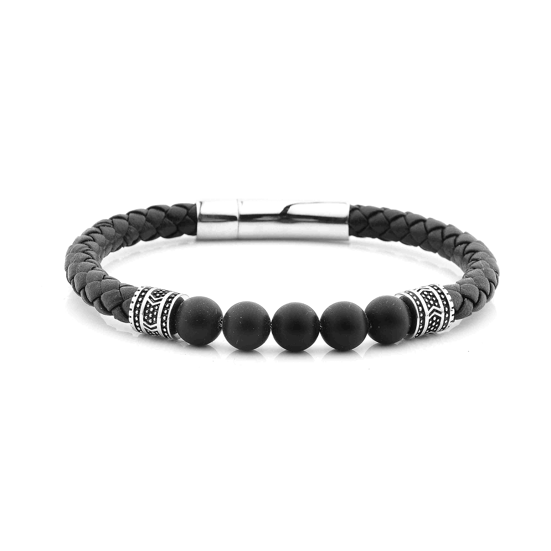 Bracelet cuir véritable et acier inoxydable plaqué argent assemblé d'agate mate - Maison Di Giorgio