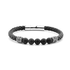 Bracelet cuir véritable et acier inoxydable plaqué argent assemblé d'agate mate - Maison Di Giorgio
