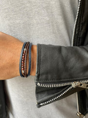 Bracelet cuir véritable et acier inoxydable plaqué Argent assemblé d'oeil de tigre rouge - Maison Di Giorgio