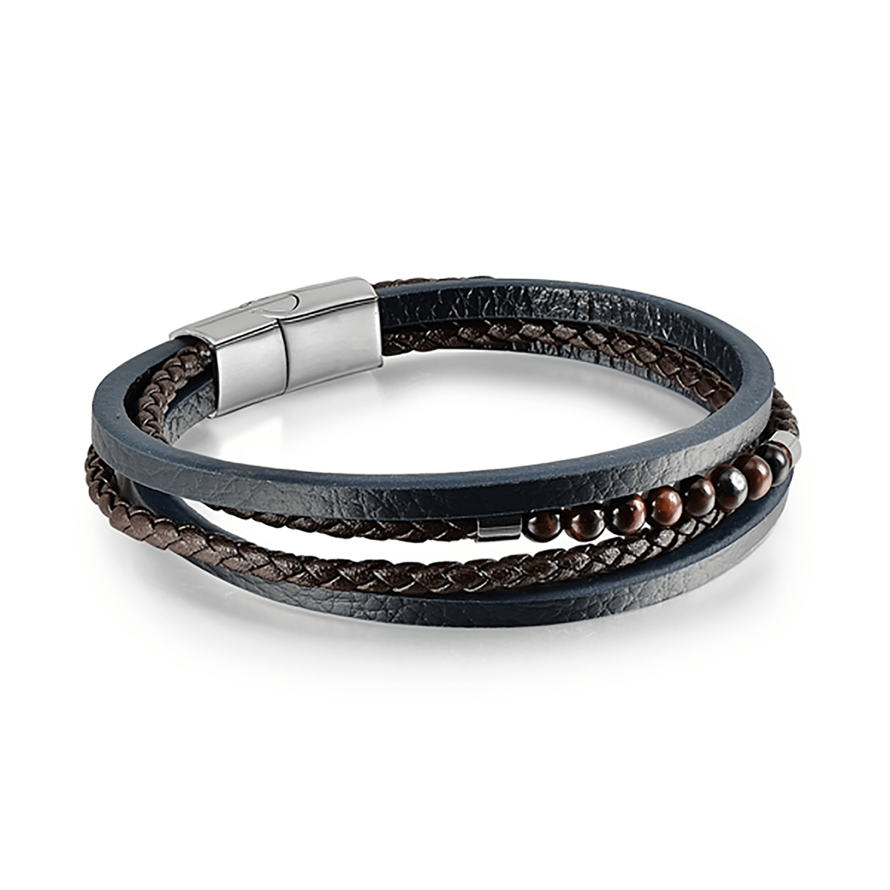Bracelet cuir véritable et acier inoxydable plaqué Argent assemblé d'oeil de tigre rouge - Maison Di Giorgio
