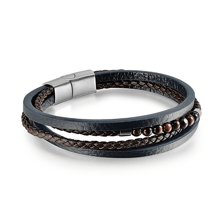 Bracelet cuir véritable et acier inoxydable plaqué Argent assemblé d'oeil de tigre rouge - Maison Di Giorgio
