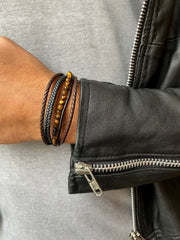 Bracelet cuir véritable et acier inoxydable plaqué Argent assemblé d'oeil de tigre - Maison Di Giorgio
