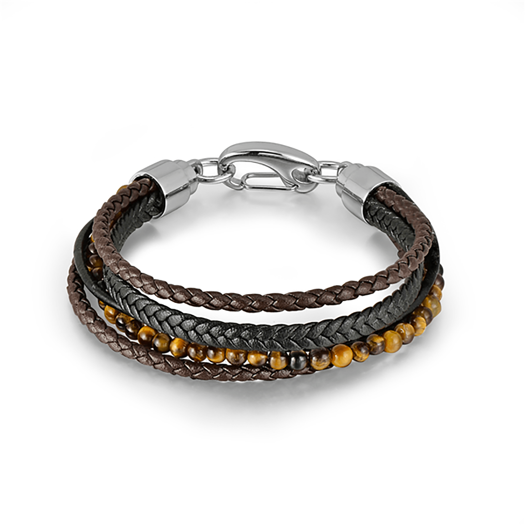 Bracelet cuir véritable et acier inoxydable plaqué Argent assemblé d'oeil de tigre - Maison Di Giorgio