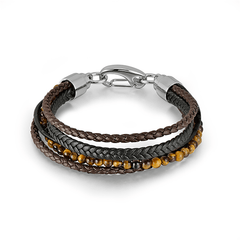 Bracelet cuir véritable et acier inoxydable plaqué Argent assemblé d'oeil de tigre - Maison Di Giorgio