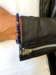 Bracelet perles en acier inoxydable plaqué Argent assemblé de lapis - lazuli et pierre de lave - Maison Di Giorgio