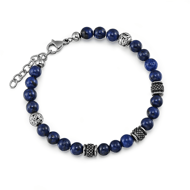 Bracelet perles en acier inoxydable plaqué Argent assemblé de lapis - lazuli et pierre de lave - Maison Di Giorgio
