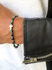 Bracelet en acier inoxydable plaqué Argent assemblé de hématite - Maison Di Giorgio