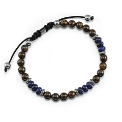 Bracelet perles en acier inoxydable plaqué argent et assemblé de bronze gris et lapis - lazuli - Maison Di Giorgio